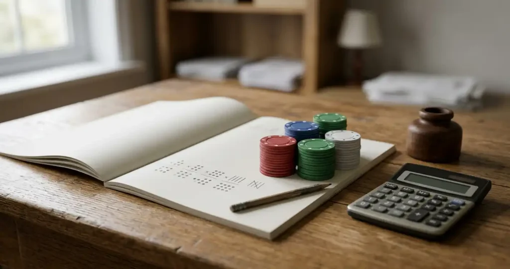 Fichas de casino junto a uma folha com multiplicações e valores de apostas