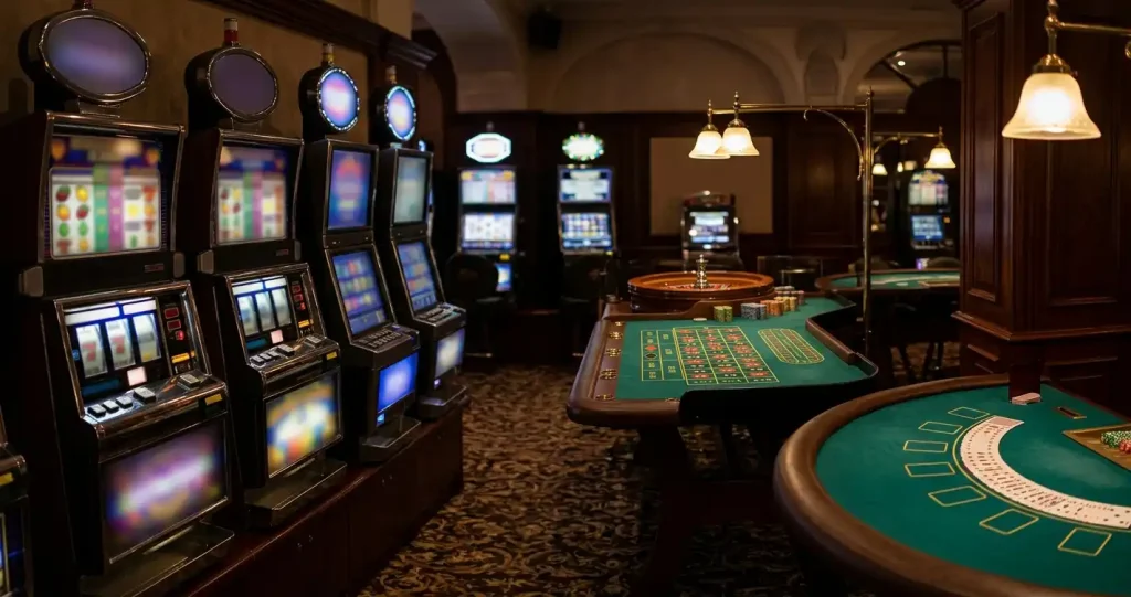 Ecrãs de slot ao lado de uma mesa de roleta e cartas de casino