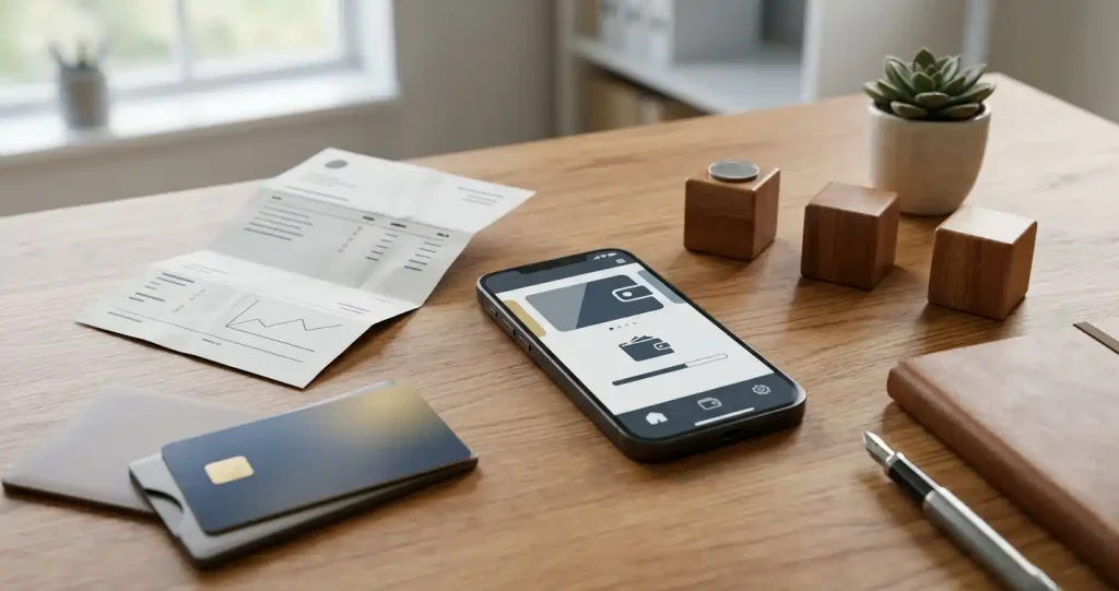 Fluxo de levantamento com carteira digital, cartão e banco numa mesa de trabalho