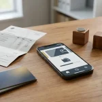 Fluxo de levantamento com carteira digital, cartão e banco numa mesa de trabalho