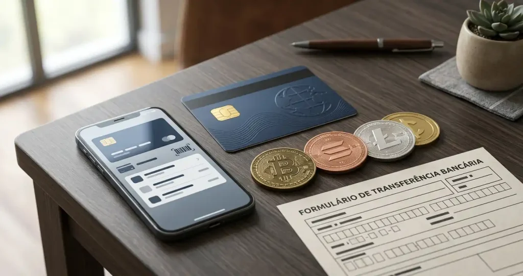 Cartão, carteira digital, transferência bancária e moedas digitais sobre uma mesa