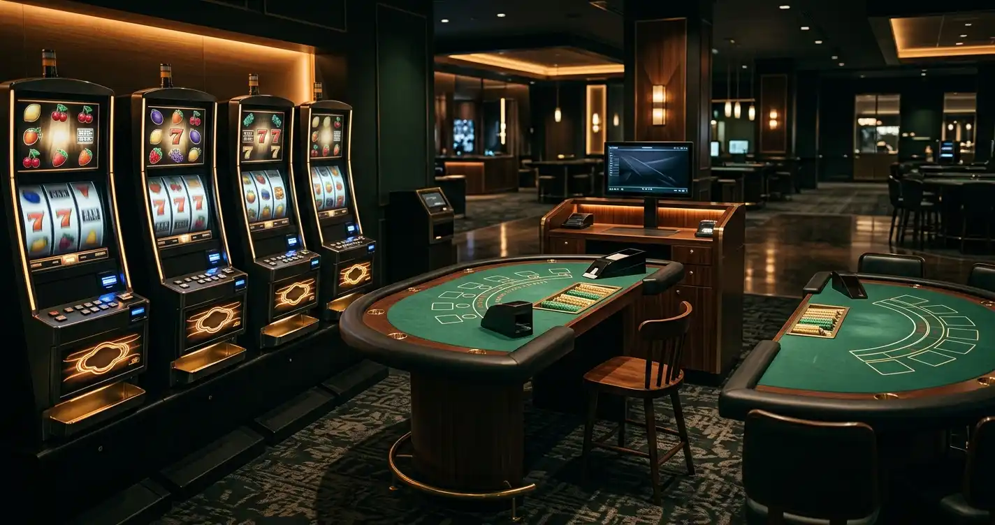 Composição com rolos de slot, mesa de cartas e ambiente de casino ao vivo sem pessoas